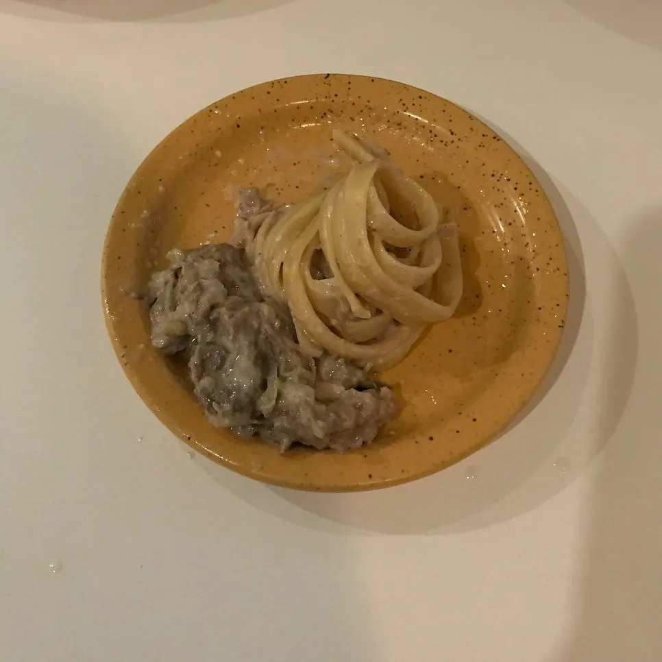Fettuccine showing thick noodles and bulgogi