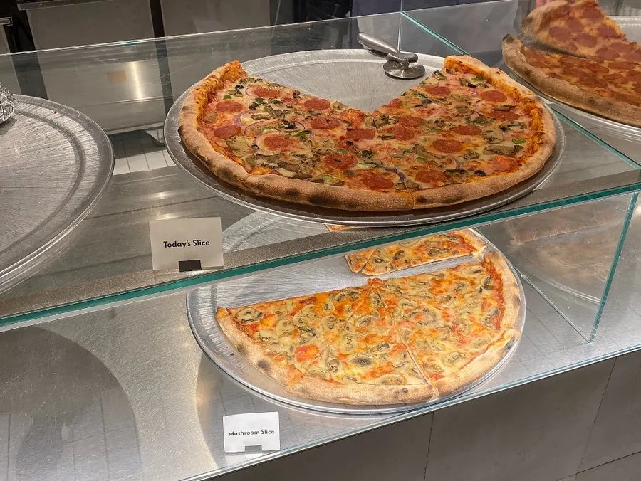 Pizza slices on display