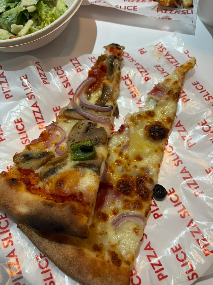 Close-up of a slice of today's pizza