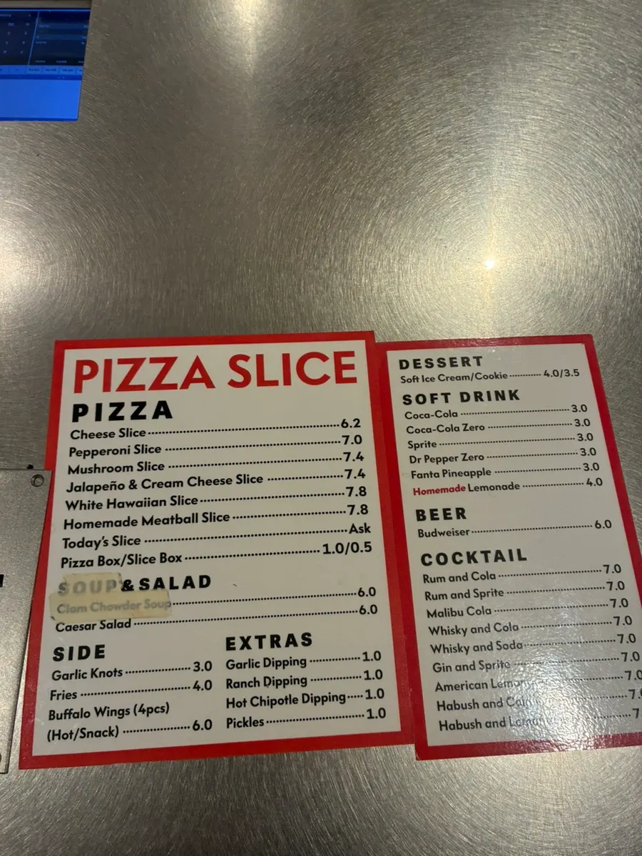 Pizza Slice Seoul's menu board