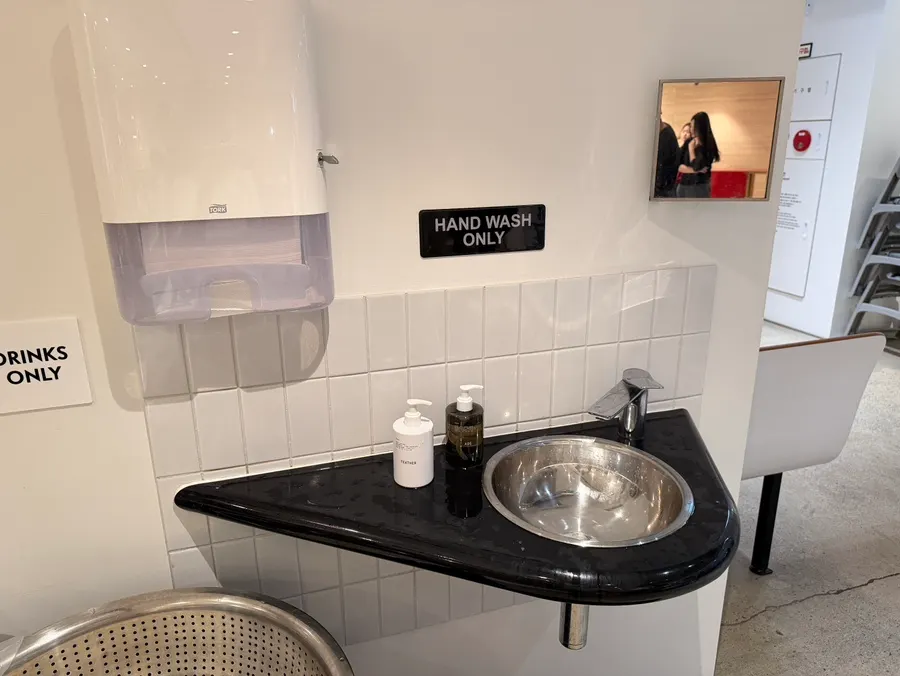 Hand-washing area with hand wash and towels