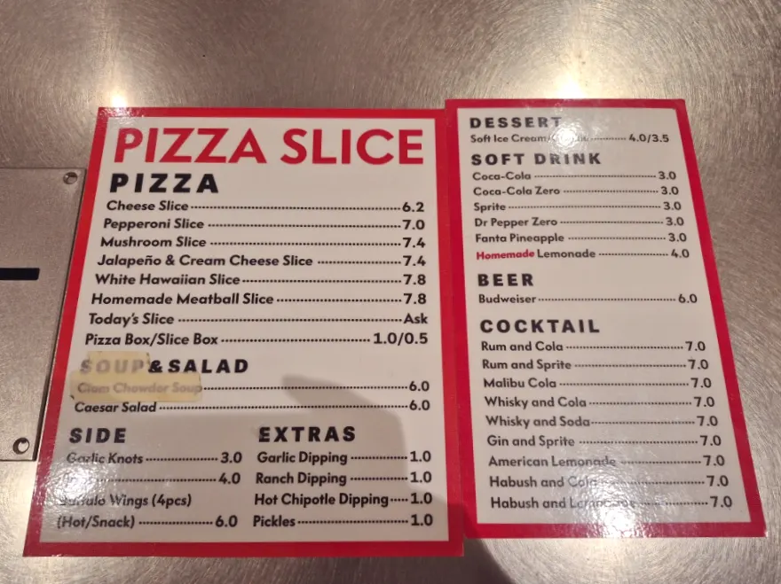 Slice pizzas displayed in the counter showcase