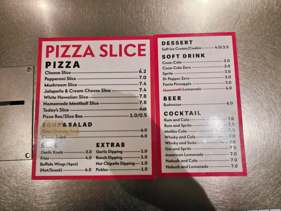 Pizza Slice Seoul menu board