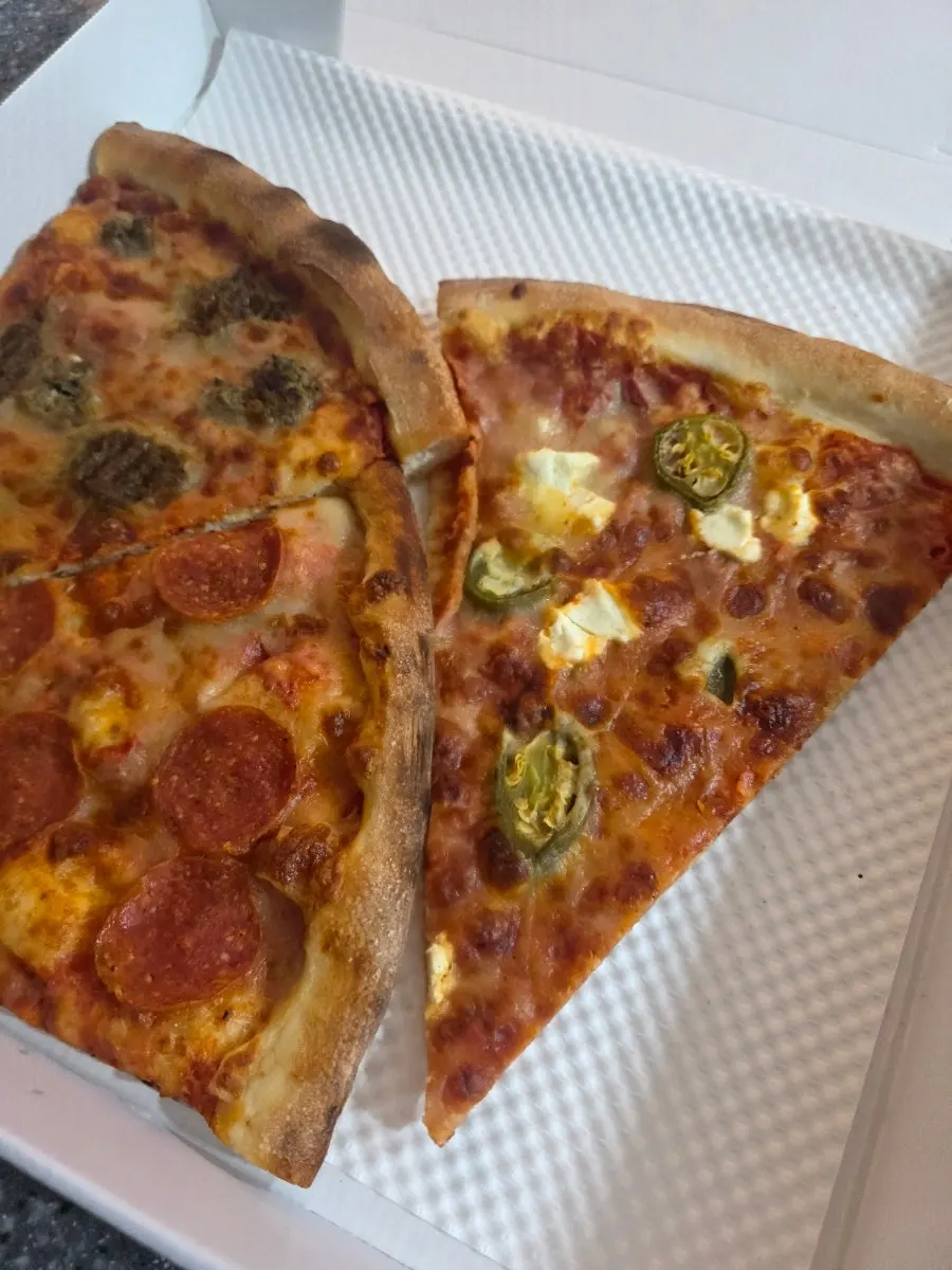 Jalapeño cream cheese pizza and homemade meatball slice