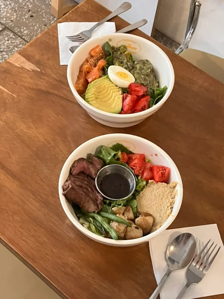 Eating the Steak Bowl at the table