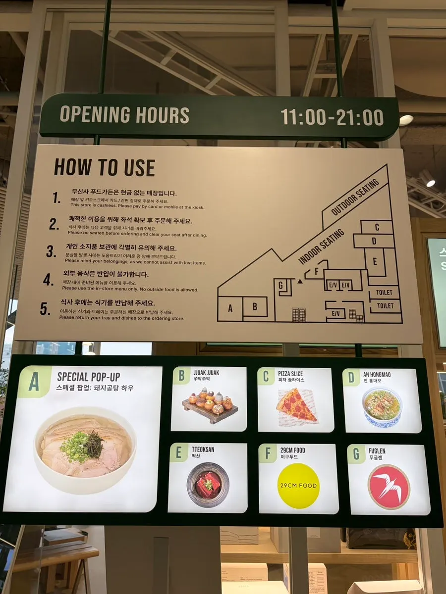 Signage listing the 4th floor Food Garden's restaurants and operating hours