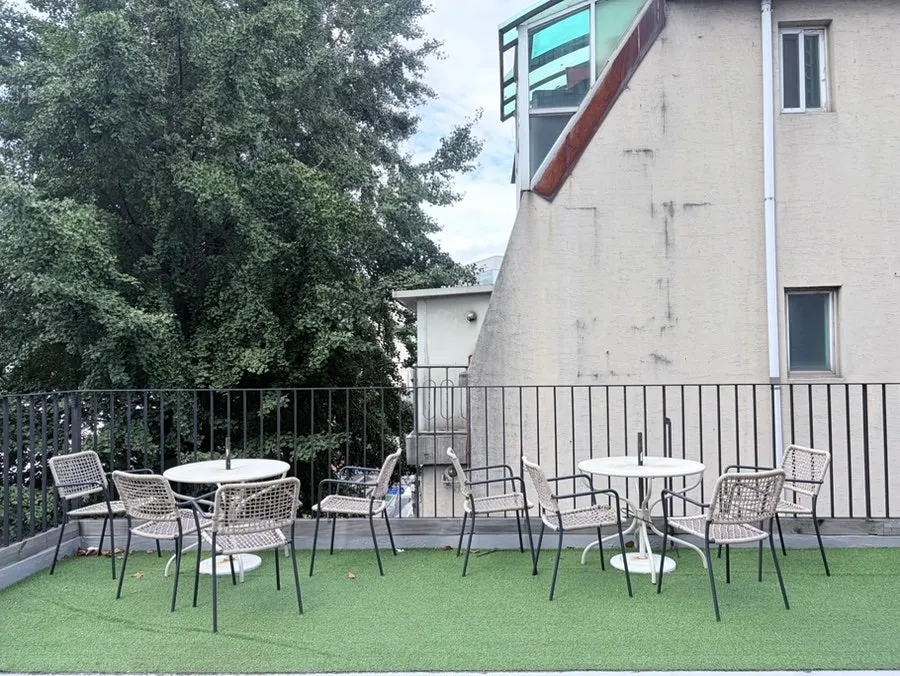Third-floor rooftop seating