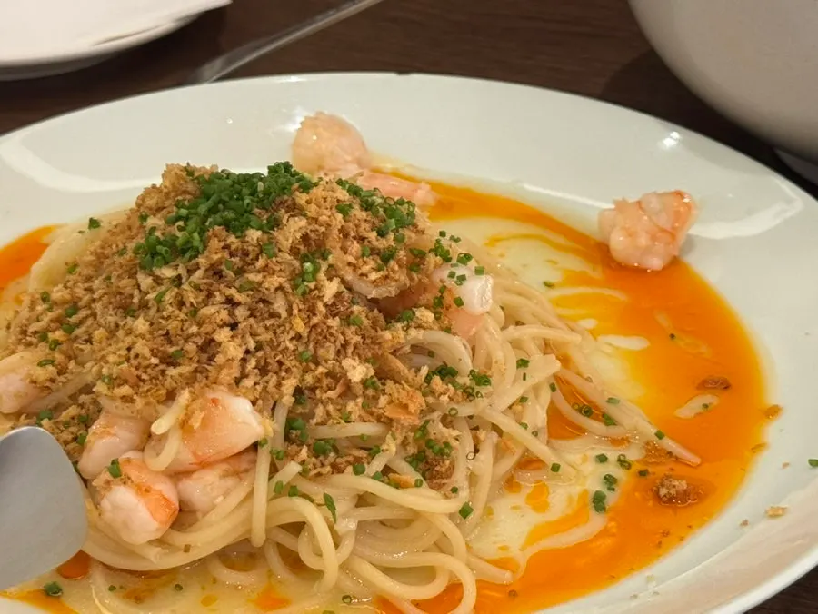 Shrimp crumble pasta piled high with shrimp