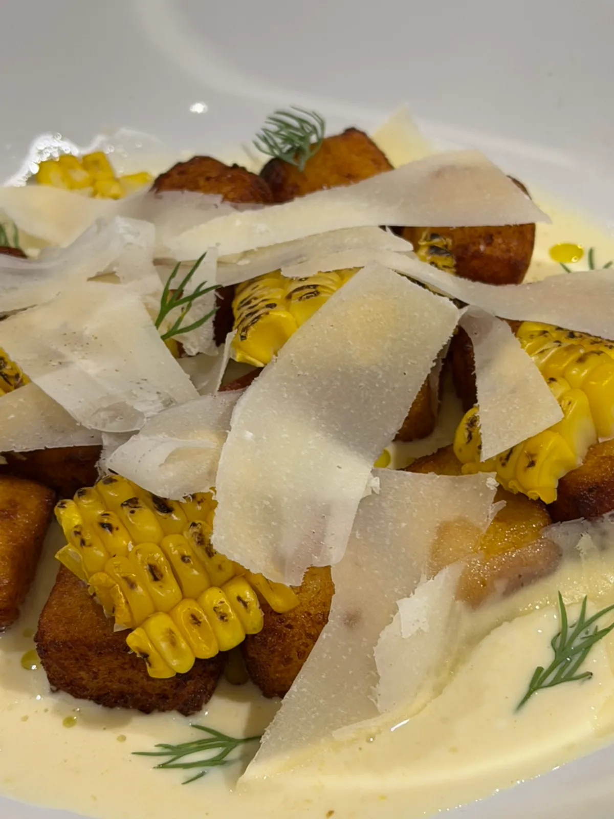 Potato gnocchi in sweet corn cream sauce