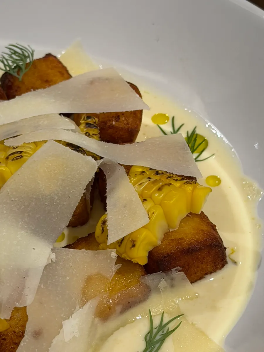 Close-up of the crisply fried gnocchi