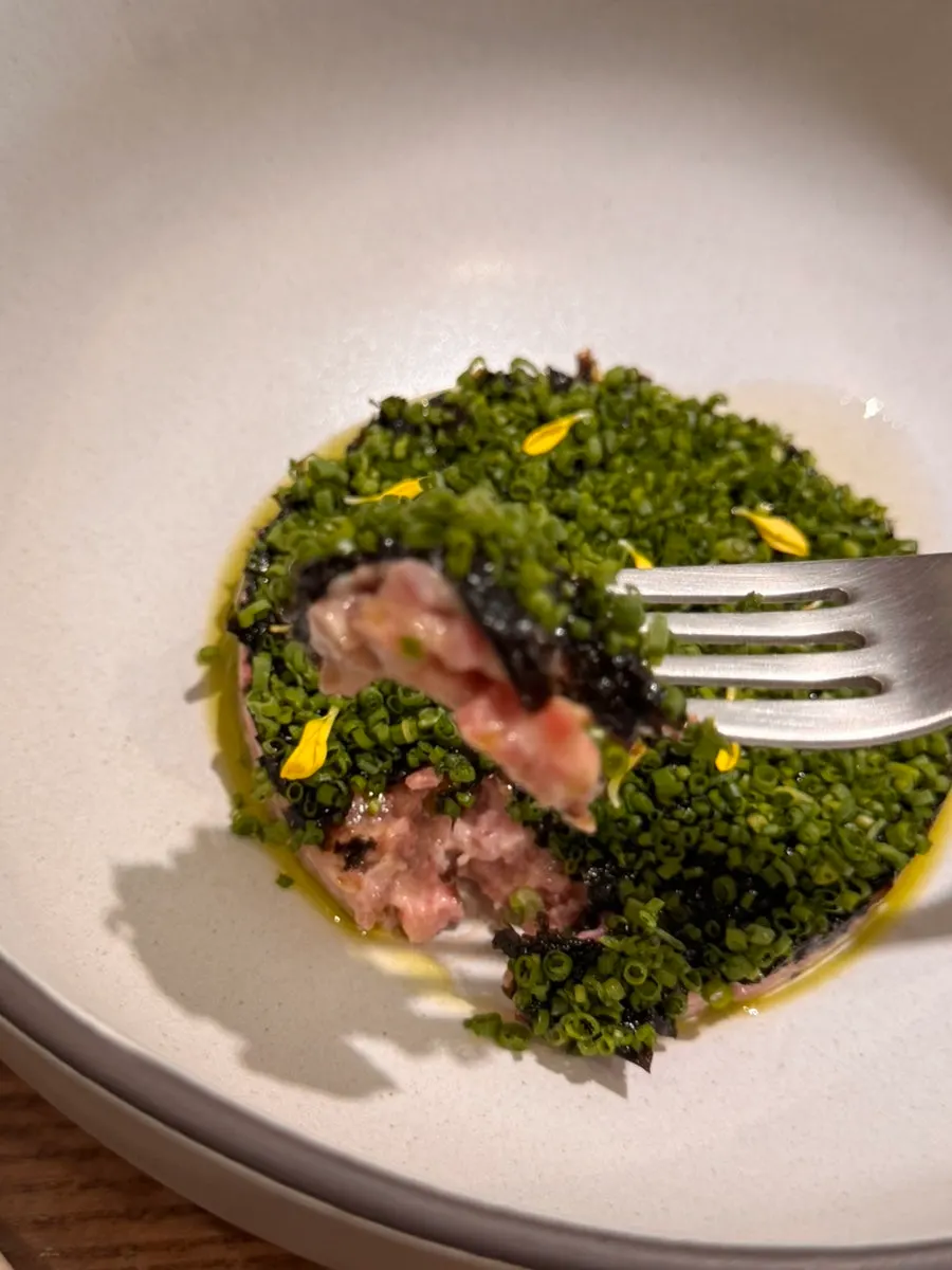 Close-up of finely minced top round and eye of round tartare