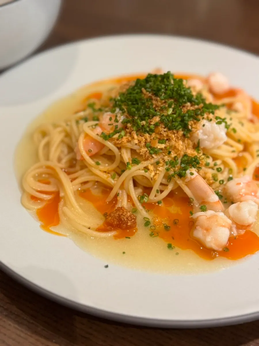 A plate of Sedici's shrimp crumble pasta