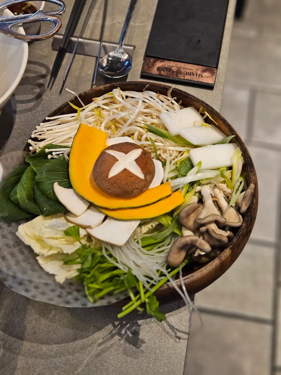 Close-up of the simmering shabu-shabu pot
