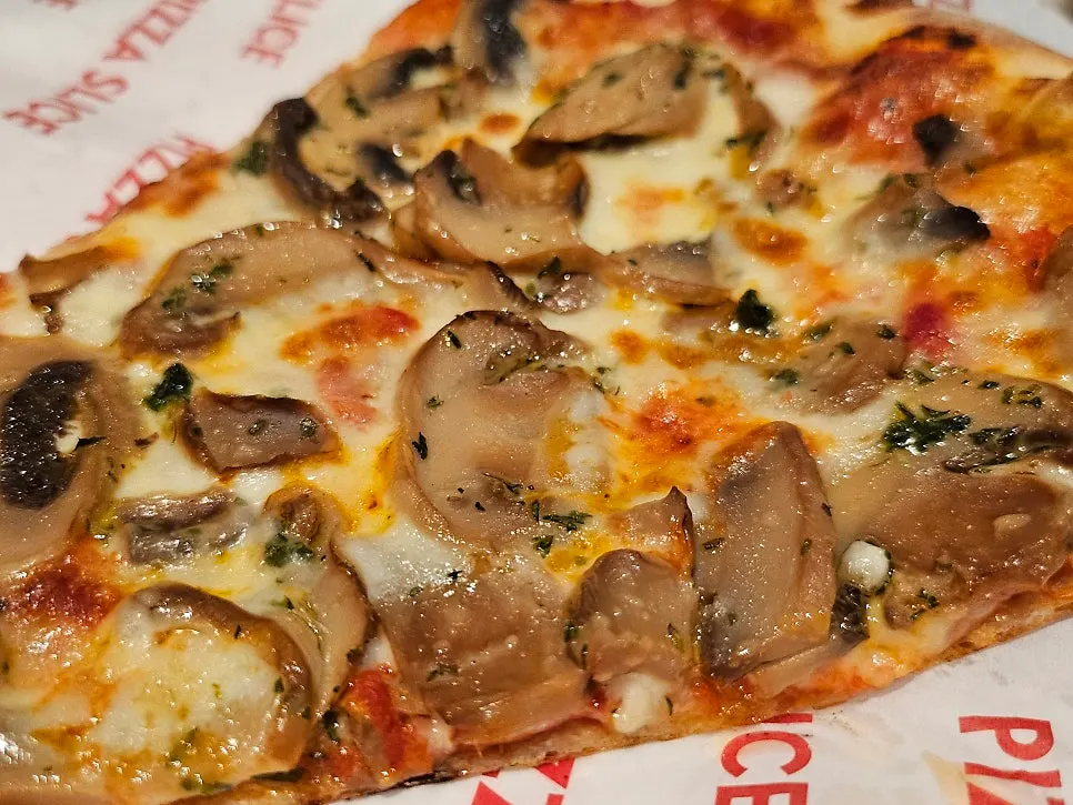 Mushroom pizza slice piled high with mushrooms
