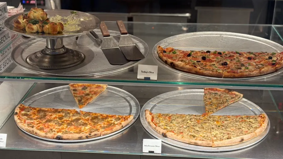 Pizza slices on display