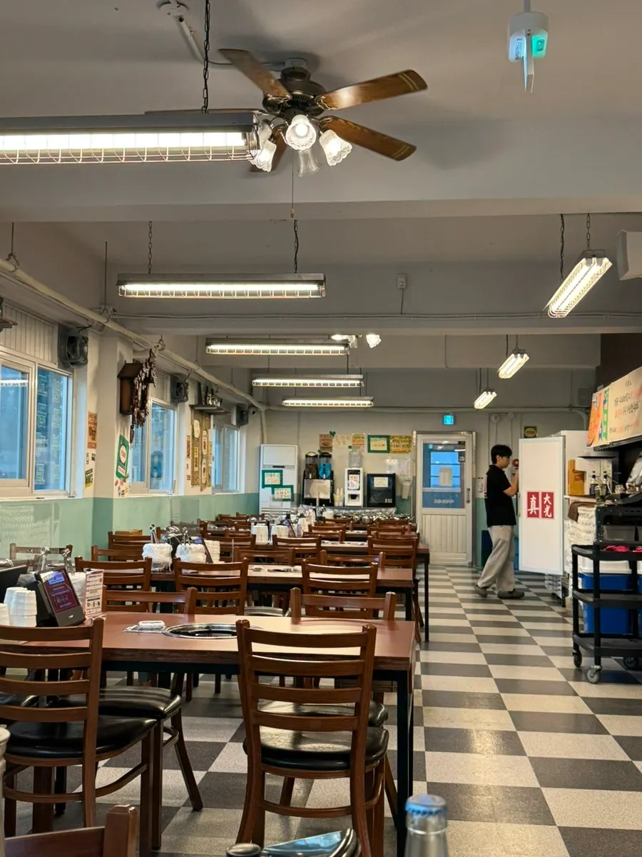 Spacious dining area with many tables