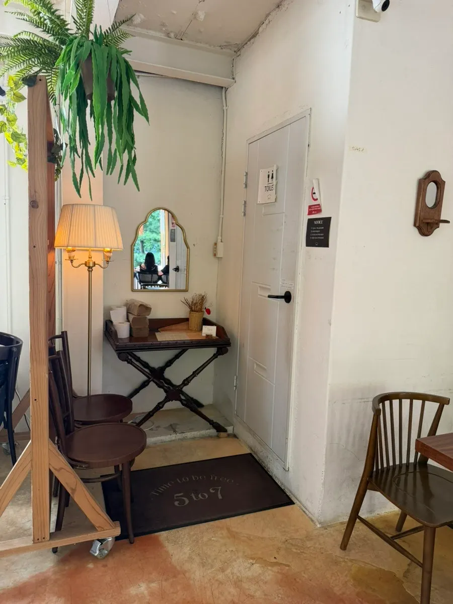 Wooden furniture at the second-floor window seats
