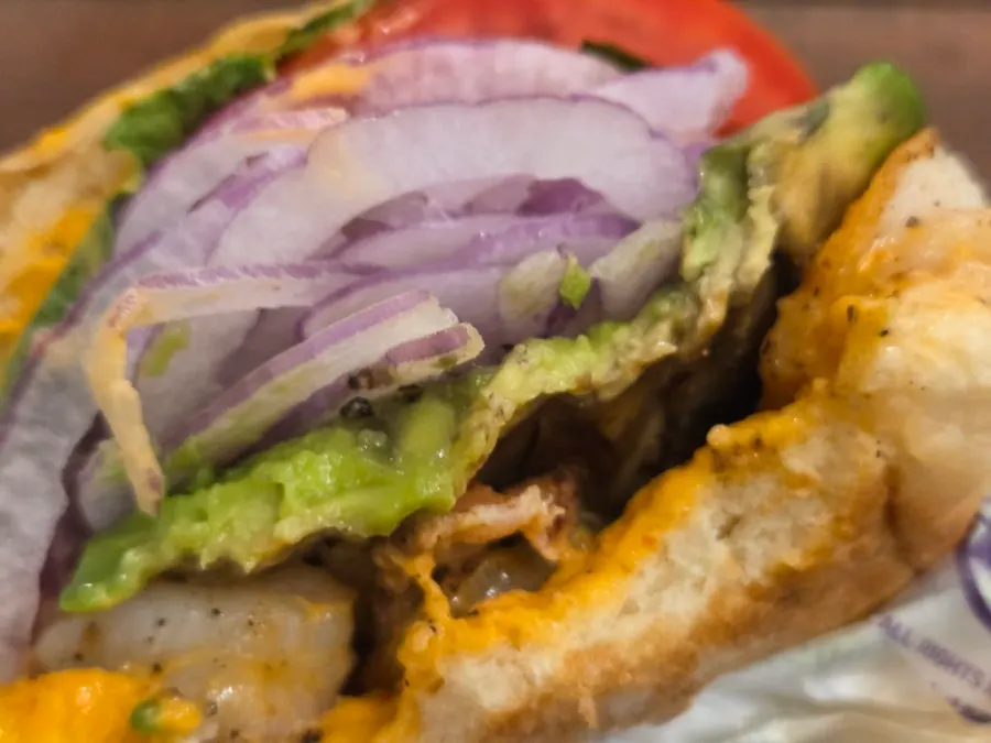 Ingredients inside the Grilled Shrimp Avocado burger