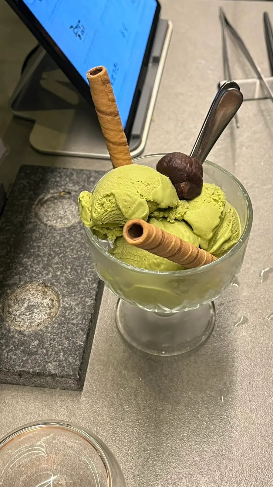 Matcha ice cream eaten to cleanse the palate