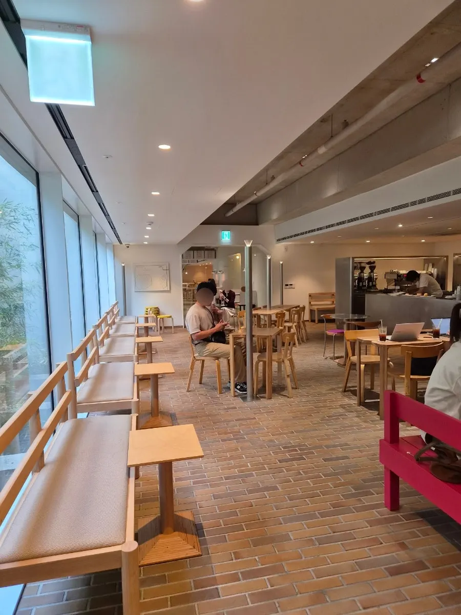 Bright, pleasant basement café interior