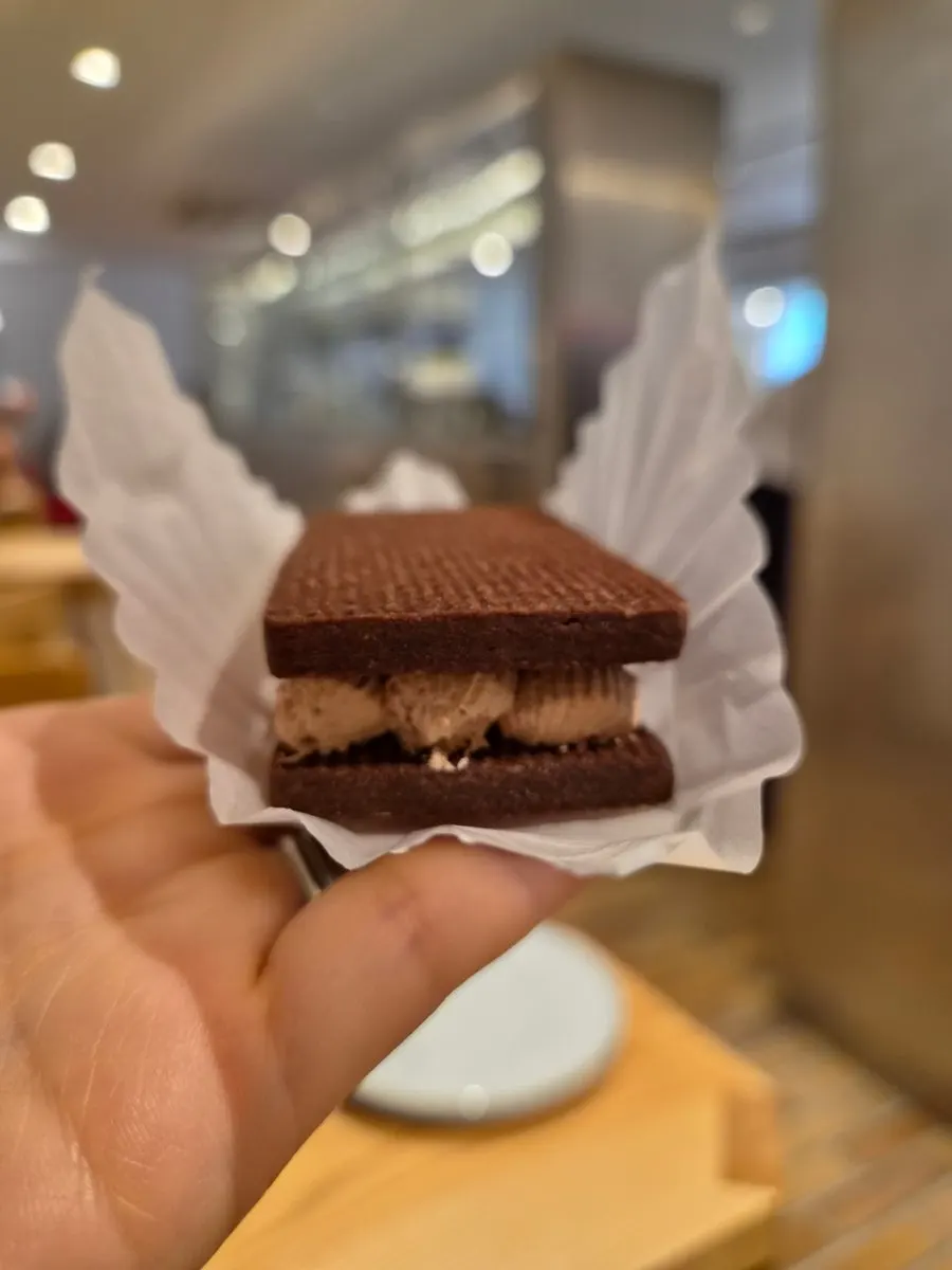 Cross-section of the choco sand cookie showing its thick cream filling