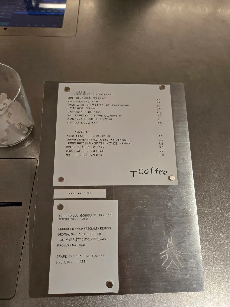 Menu board at T Coffee Seongsu