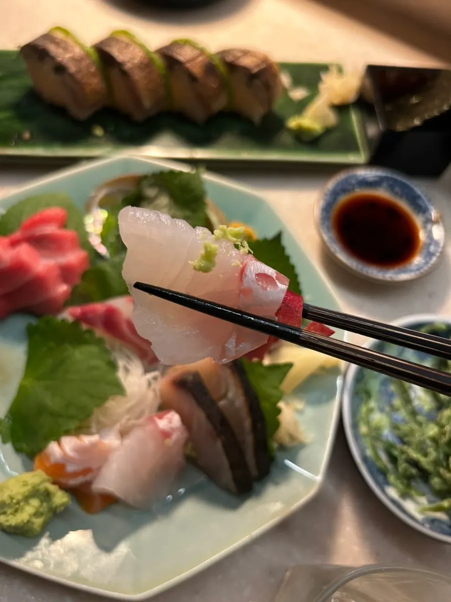 An abalone piece in the aged sashimi assortment