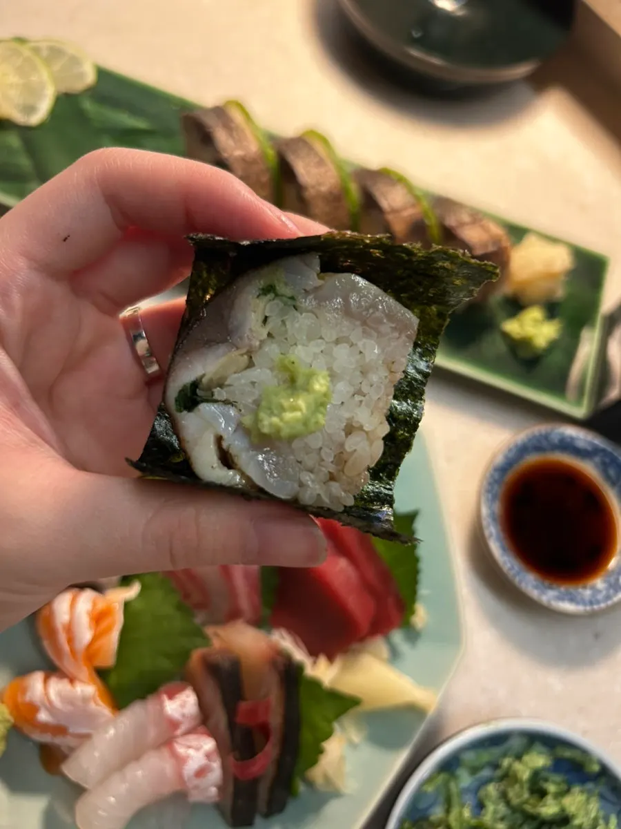 Pressed mackerel sushi with lime