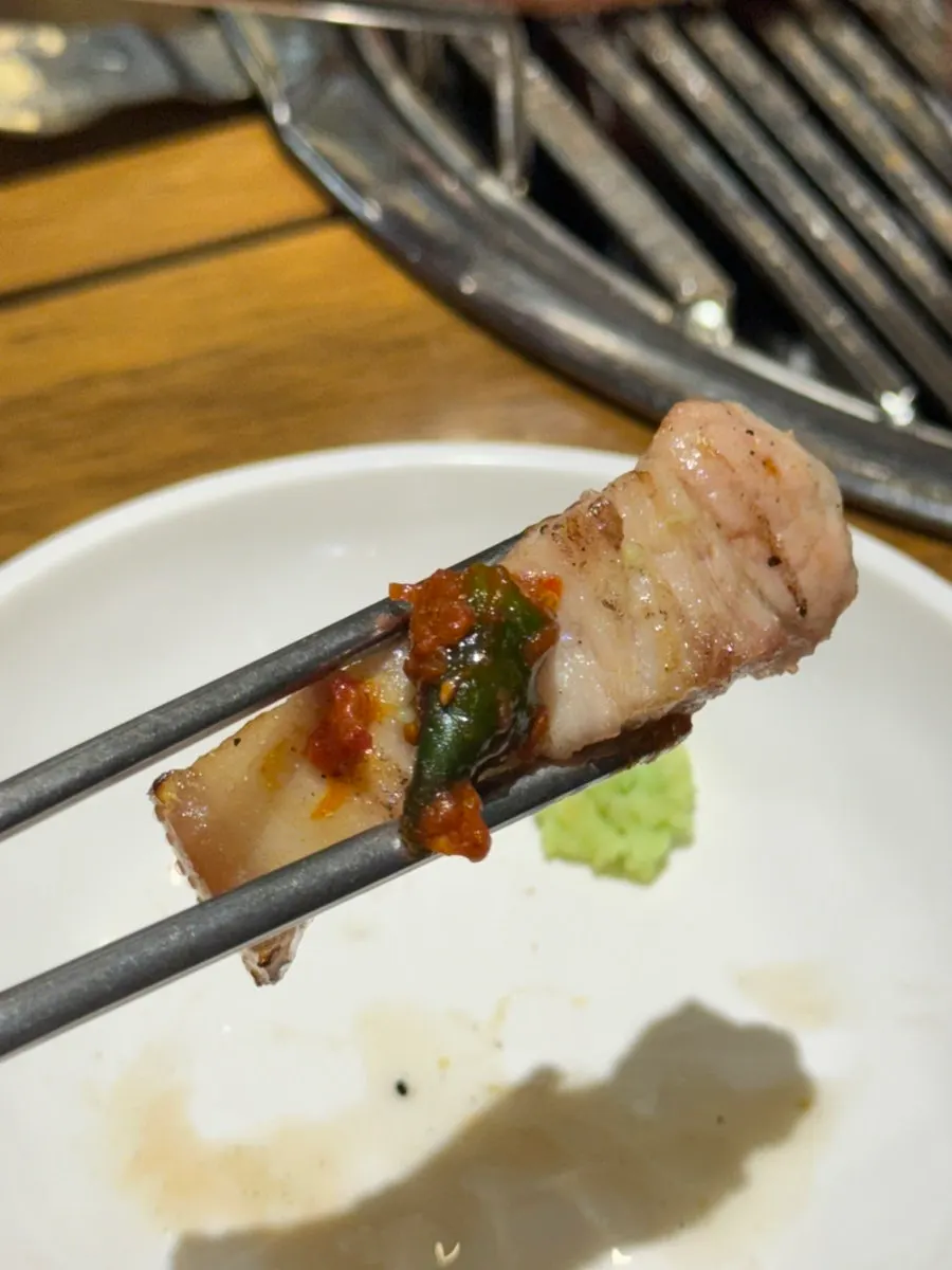 Seongsu Teojeon pork belly dipped in garlic salted shrimp sauce