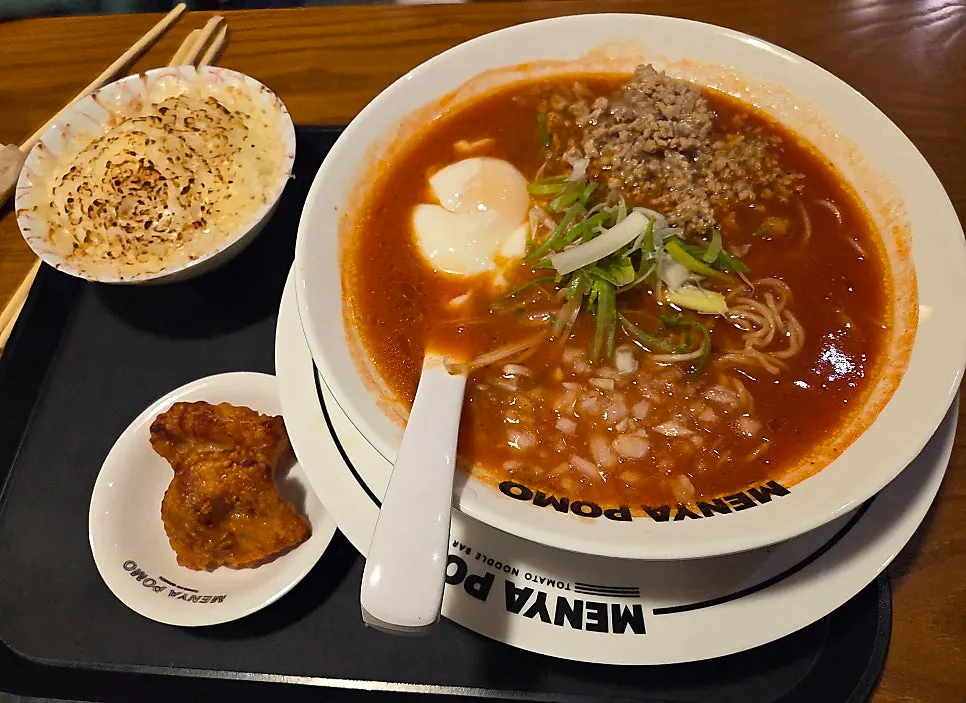 Mazesoba noodles coated in tomato sauce
