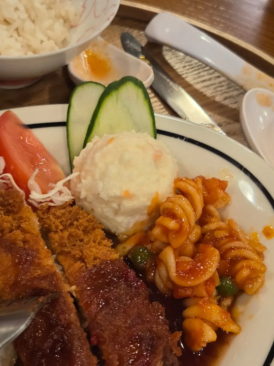 Tonkatsu set meal with rice and vegetables