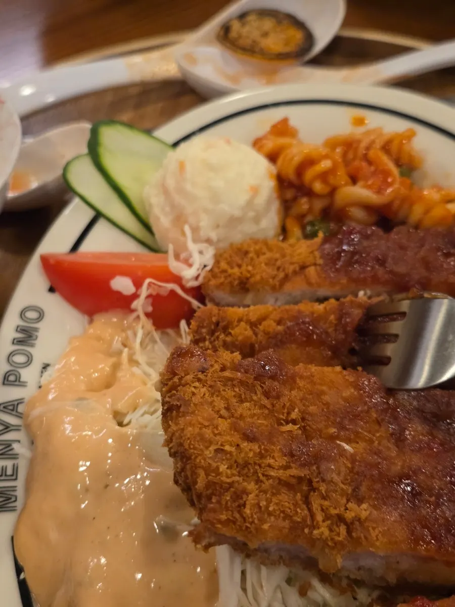 Tonkatsu set meal including tomato broth