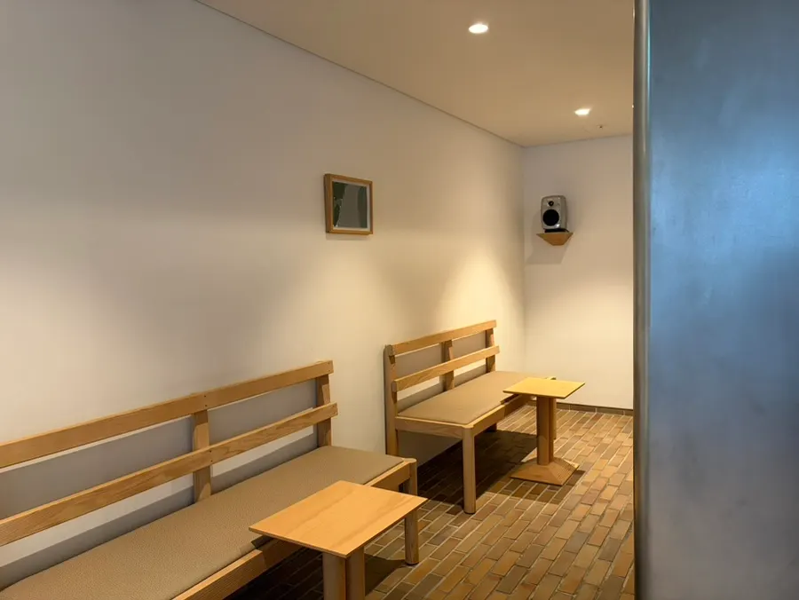 Bright, calm seating in the basement café
