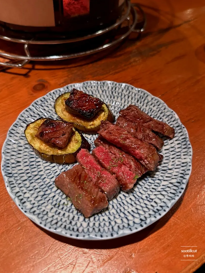 Beef tongue with accompaniments in the Korean beef course
