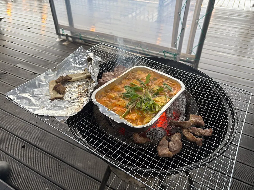 Grill prepared in the indoor barbecue area