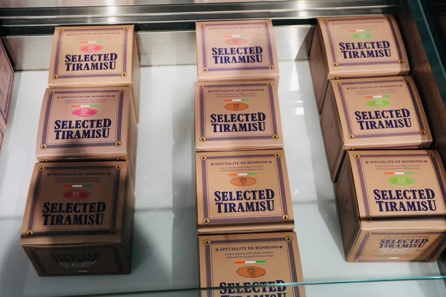 Signature tiramisu displayed in the showcase