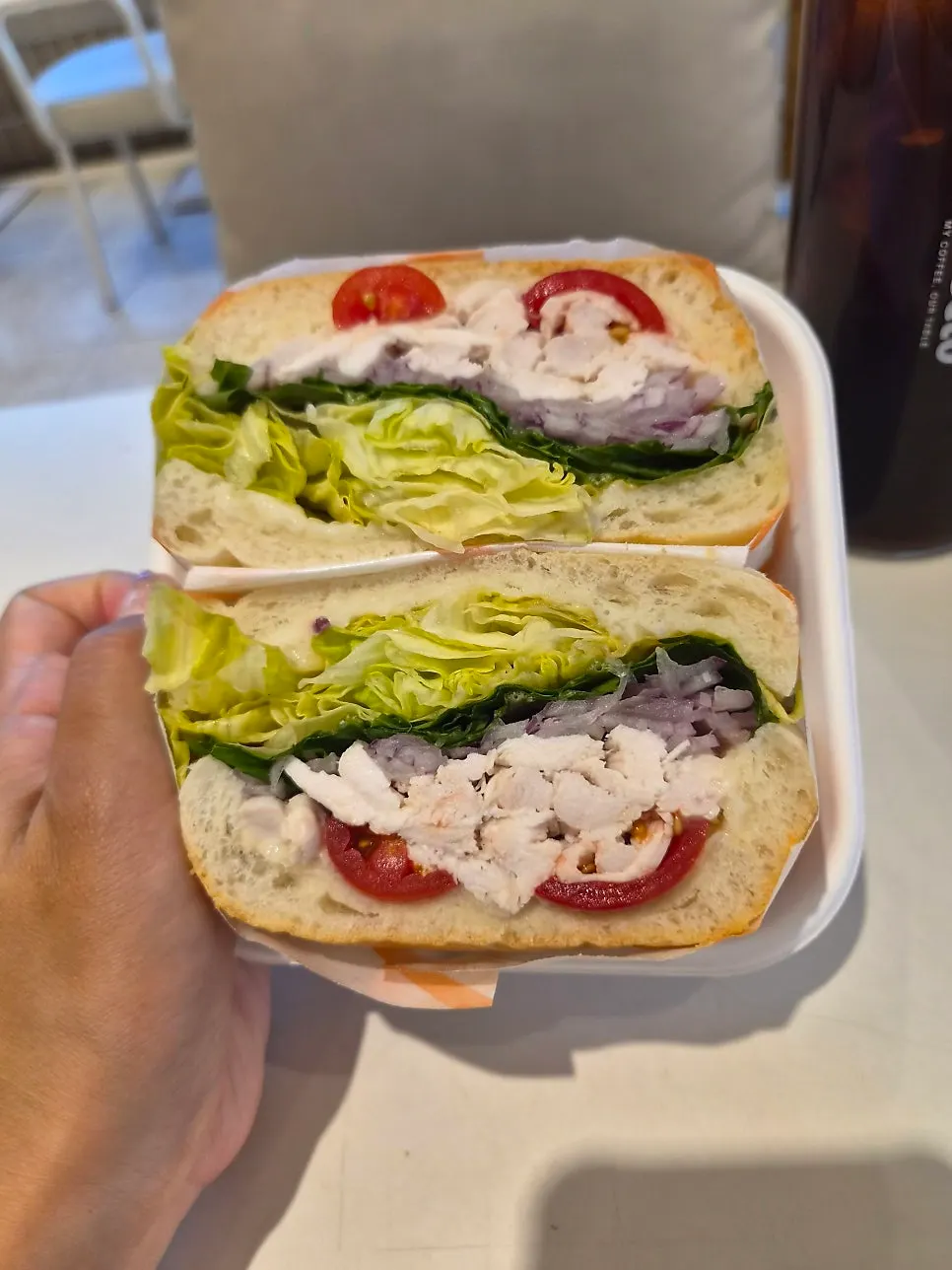 The chicken sandwich as ordered, packaged