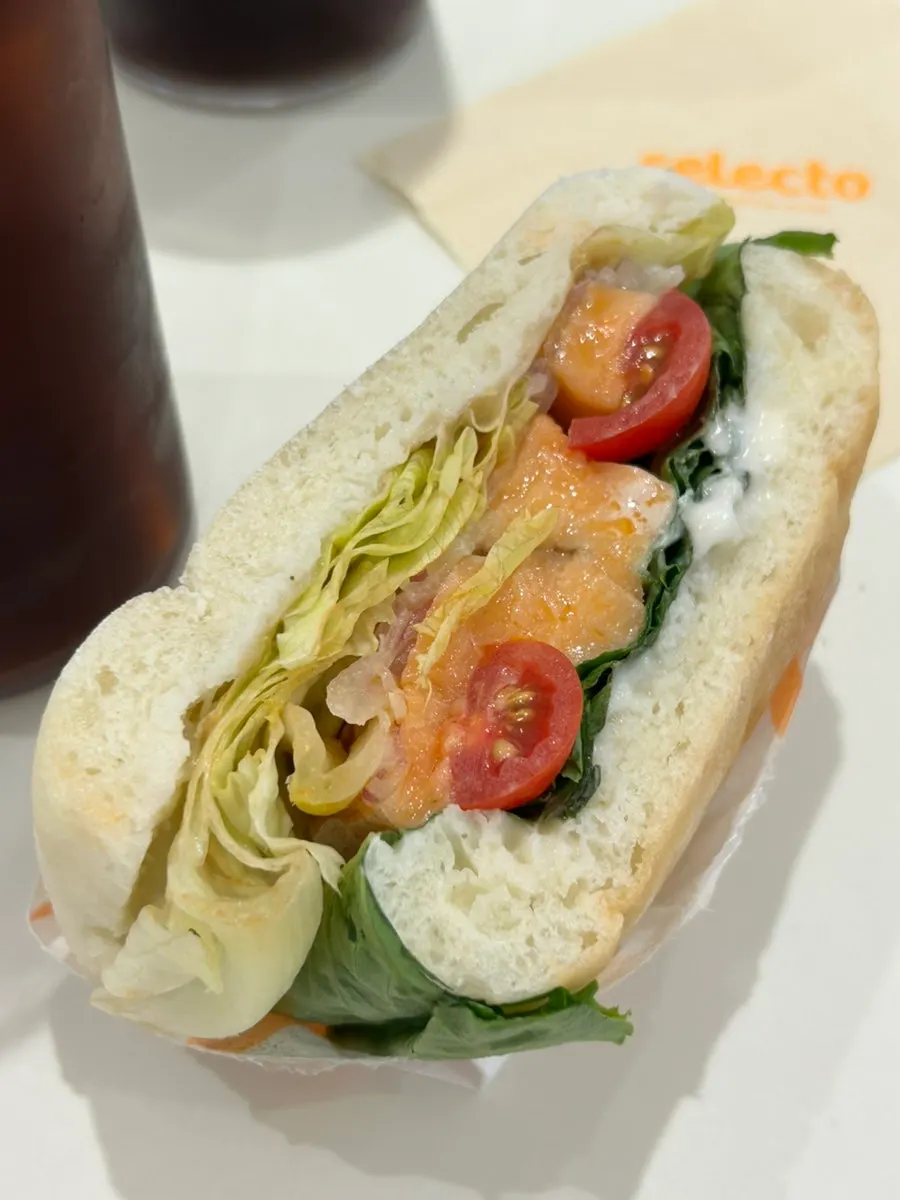Close-up of the salmon sandwich cross-section