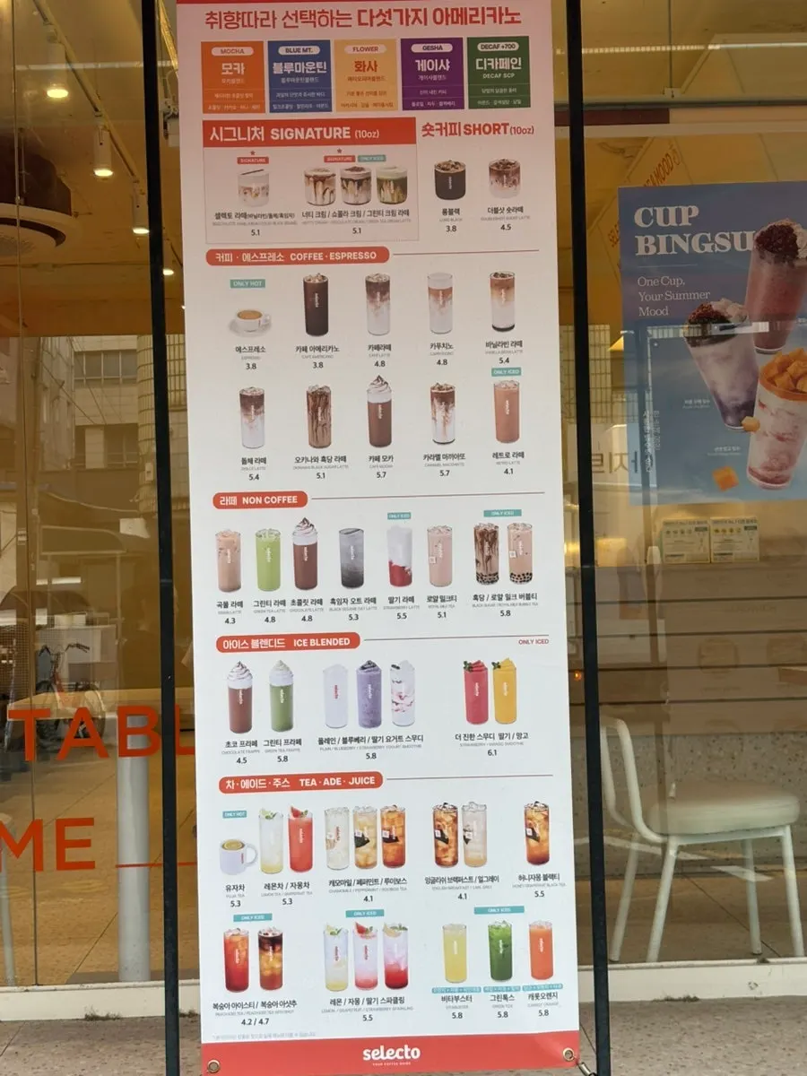 Drink menu board listing five types of americano