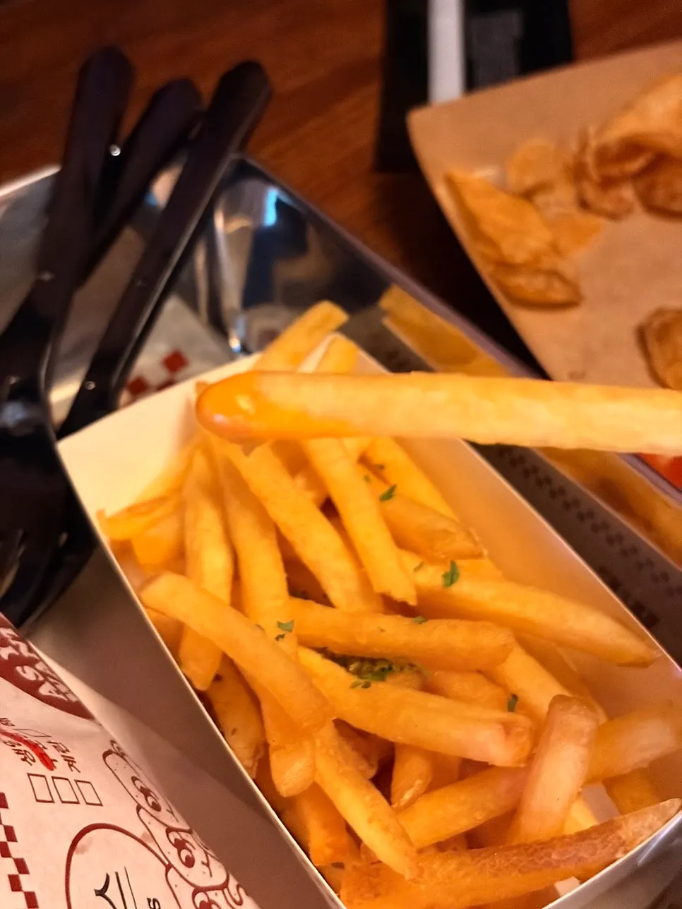 Fries brought over with ranch and barbecue sauce