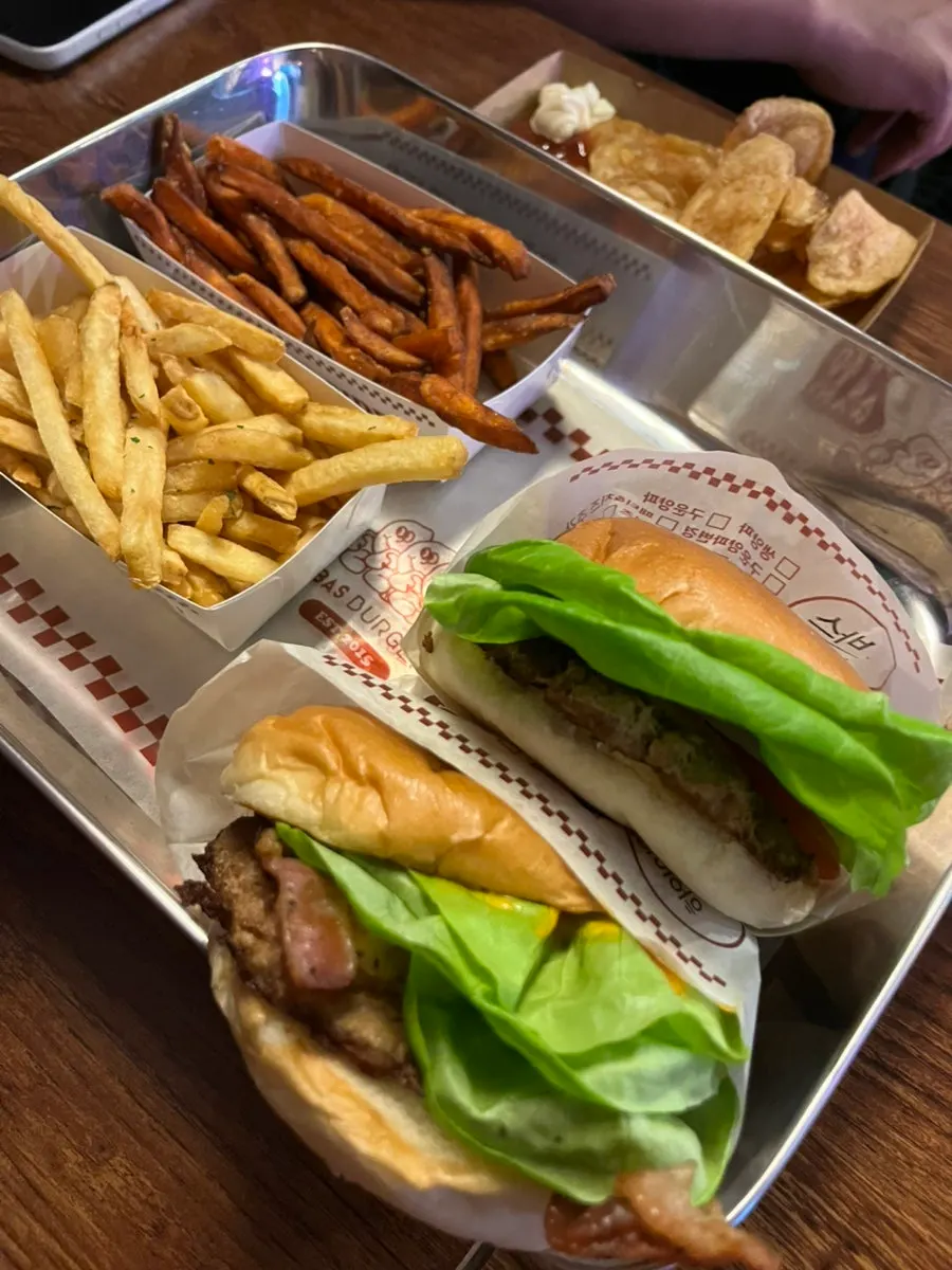 Close-up of the Hawaiian Burger's fillings after a bite