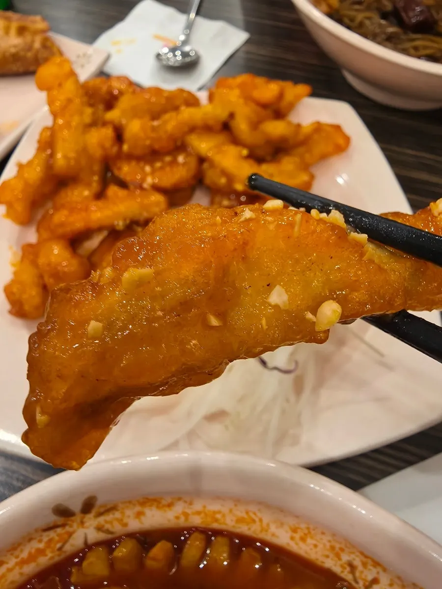 Close-up of the spicy-sweet seasoned Sichuan tangsuyuk