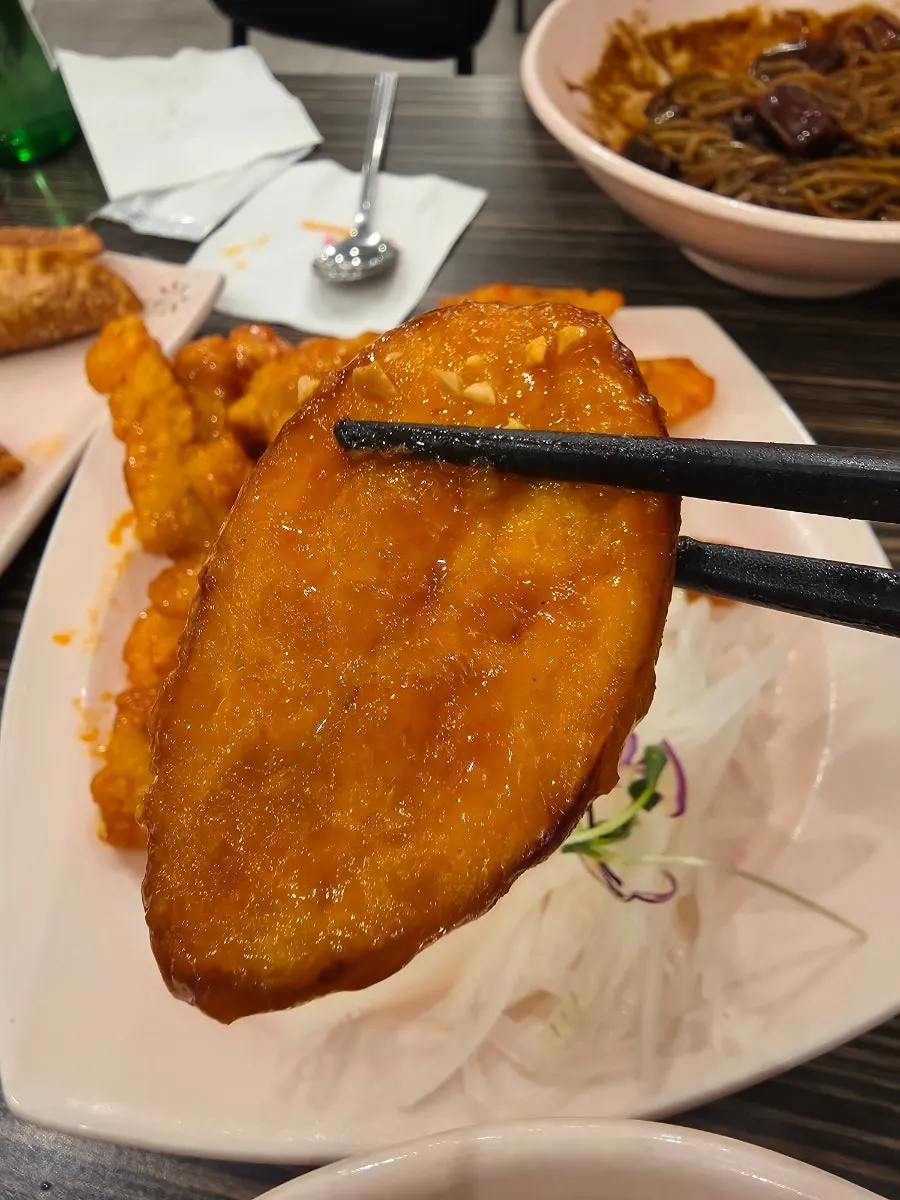 Tangsuyuk with sweet potato and pineapple pieces