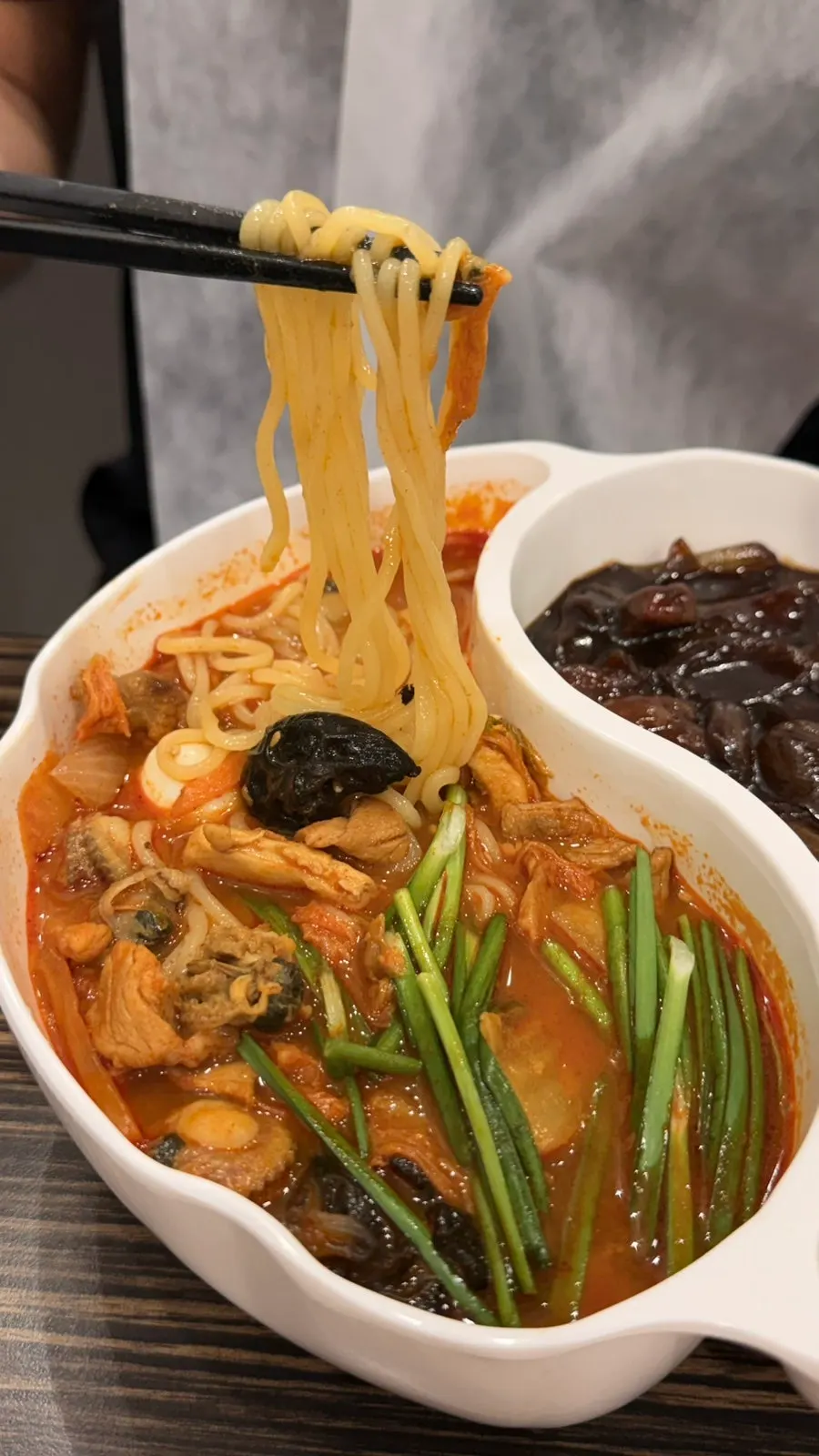 Close-up of the jjamppong broth and noodles
