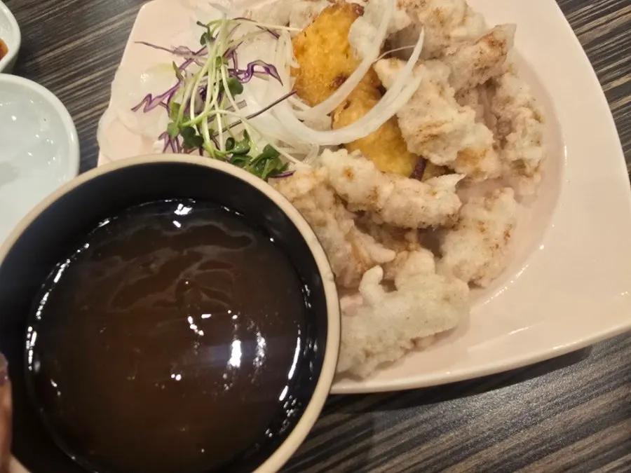 Fried sweet potato served alongside the tangsuyuk