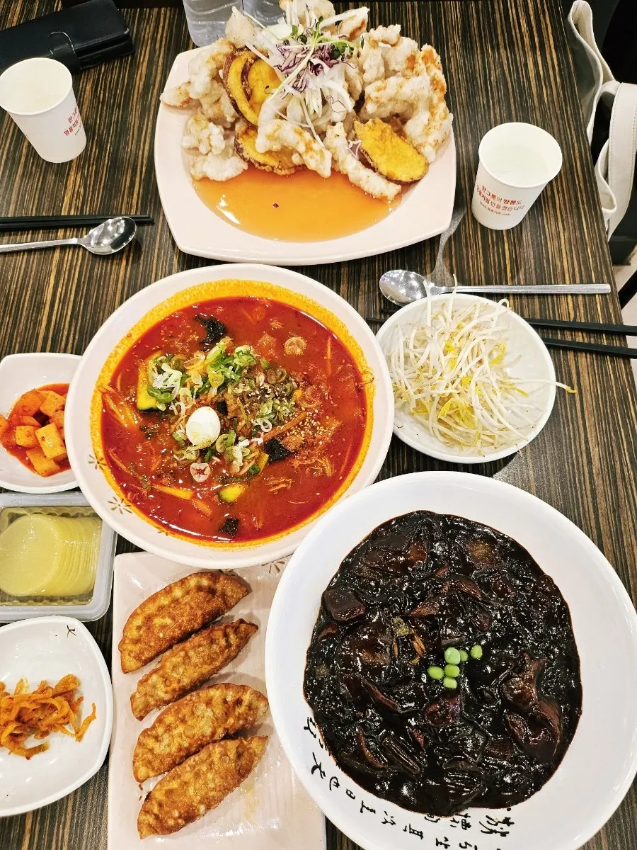 Jajang, jjamppong, and tangsuyuk ordered for three