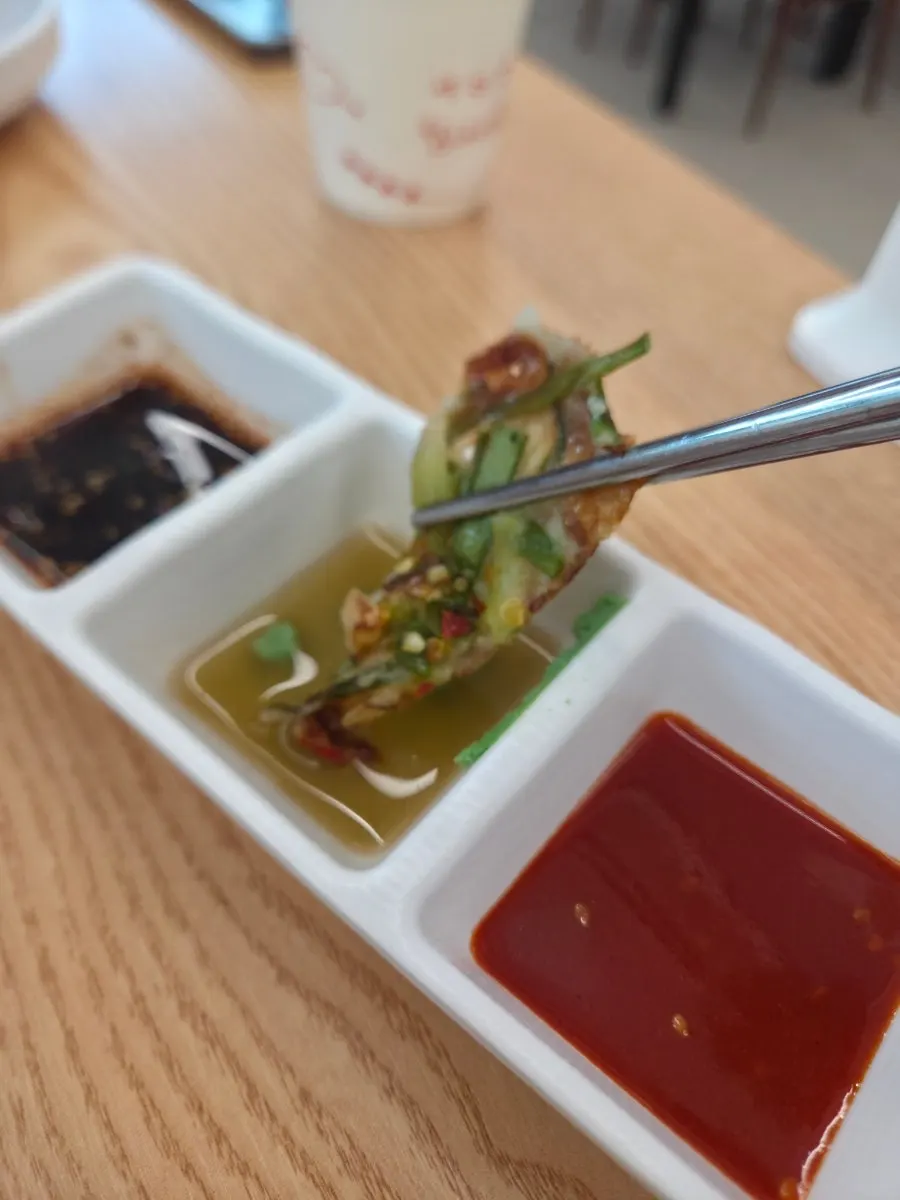 One of the three pancake dipping sauces