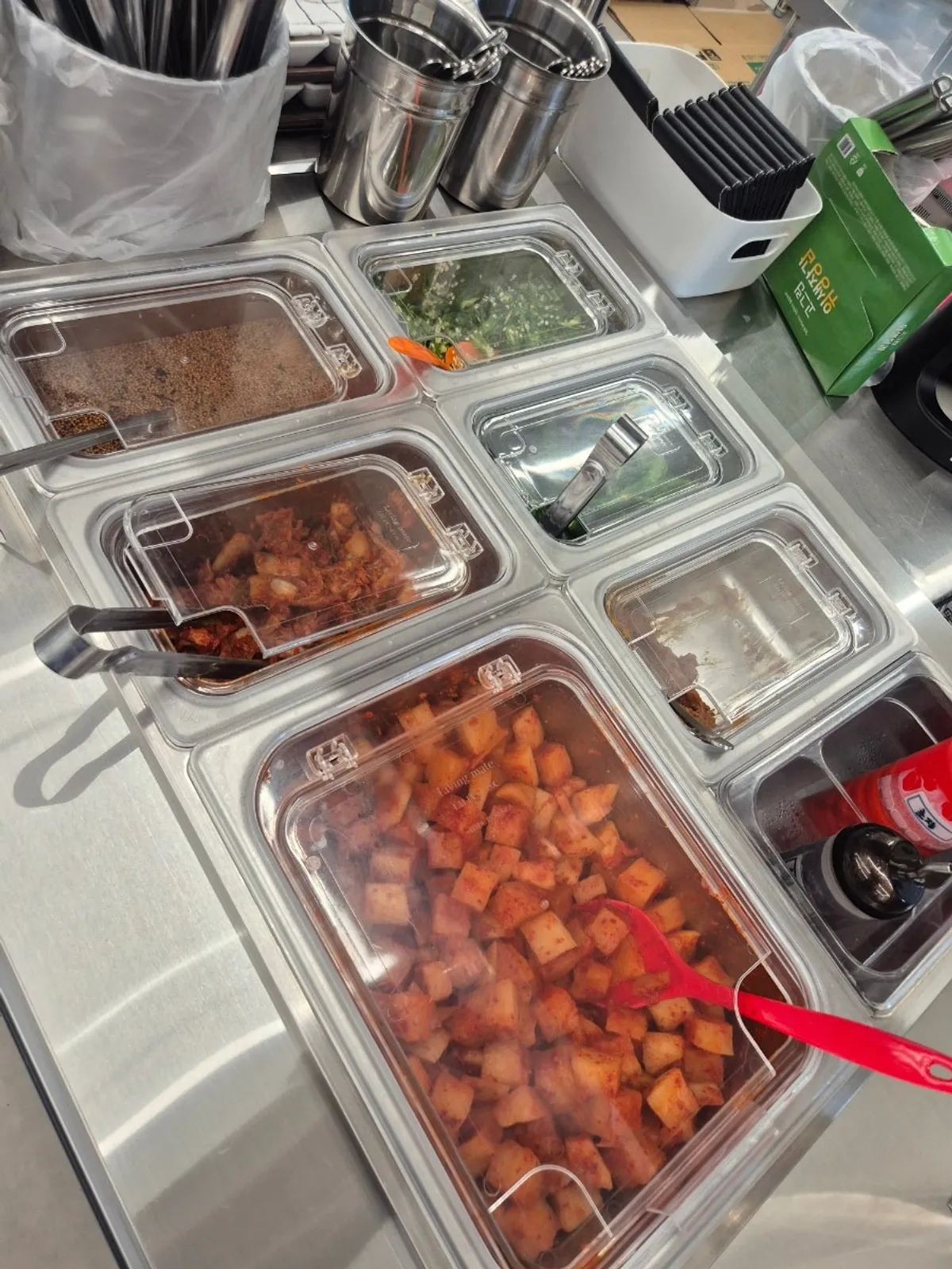 Rice and side dishes at the self-serve bar