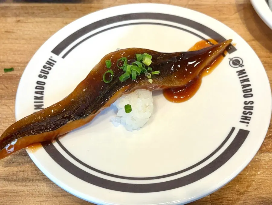 A plate of Mikado Sushi's salmon sushi
