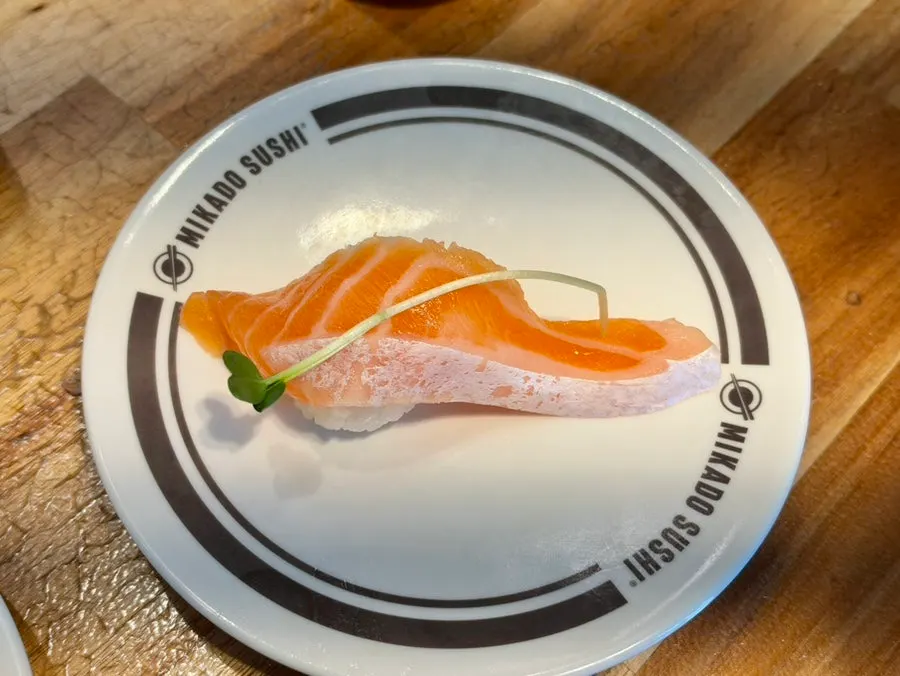 A plate of Mikado Sushi's salmon belly sushi